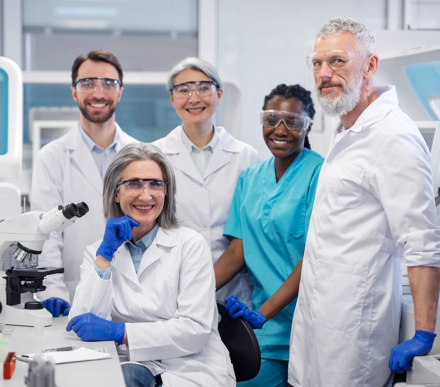 Diverse group of scientists posing together in a lab.